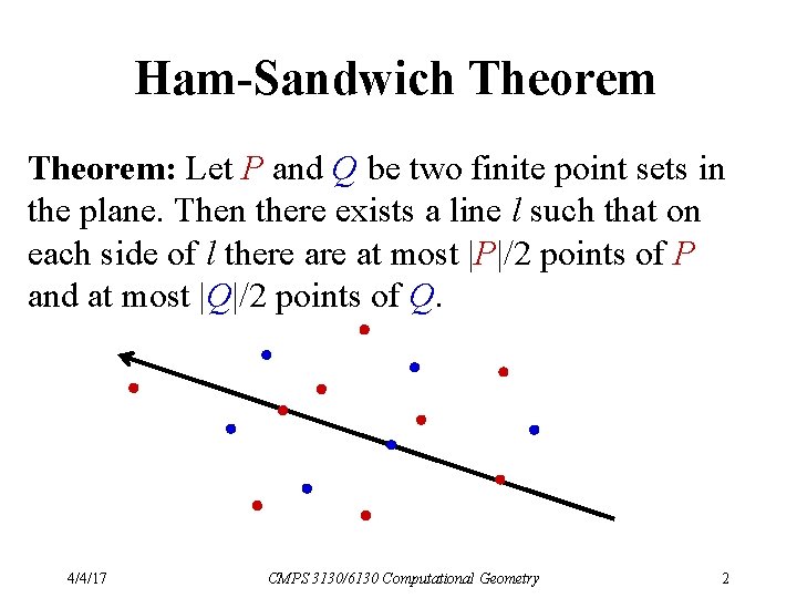 Ham-Sandwich Theorem: Let P and Q be two finite point sets in the plane.