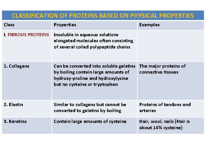 CLASSIFICATION OF PROTEINS BASED ON PHYSICAL PROPERTIES Class Properties Examples I. FIBROUS PROTEINS Insoluble