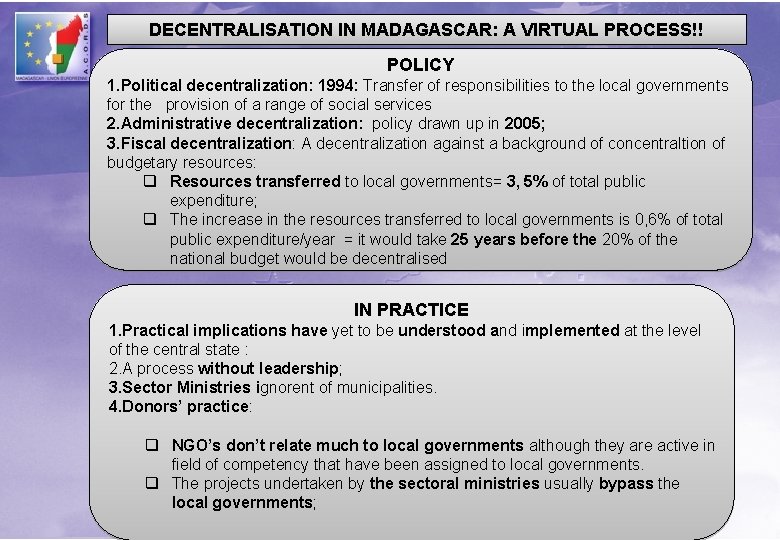 DECENTRALISATION IN MADAGASCAR: A VIRTUAL PROCESS!! POLICY 1. Political decentralization: 1994: Transfer of responsibilities