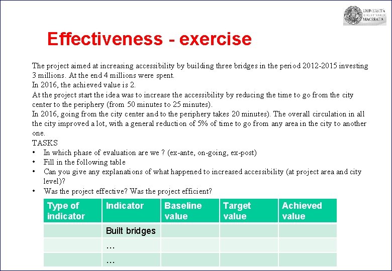 Effectiveness - exercise The project aimed at increasing accessibility by building three bridges in