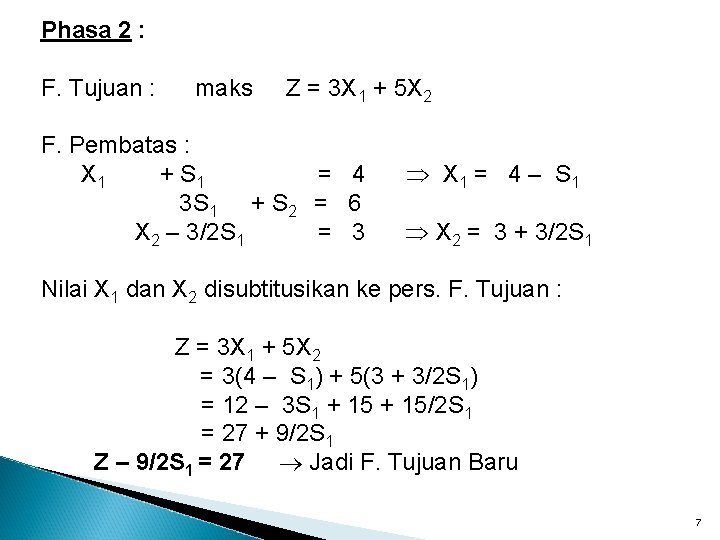 Phasa 2 : F. Tujuan : maks Z = 3 X 1 + 5