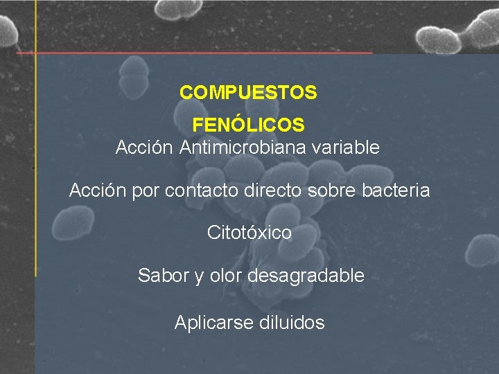 COMPUESTOS FENÓLICOS Acción Antimicrobiana variable Acción por contacto directo sobre bacteria Citotóxico Sabor y