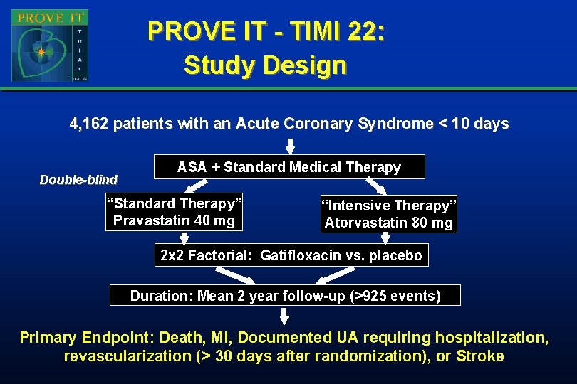 PROVE IT - TIMI 22: Study Design 4, 162 patients with an Acute Coronary PROVE IT - TIMI 22: Study Design 4, 162 patients with an Acute Coronary