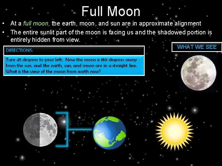 Full Moon • At a full moon, the earth, moon, and sun are in