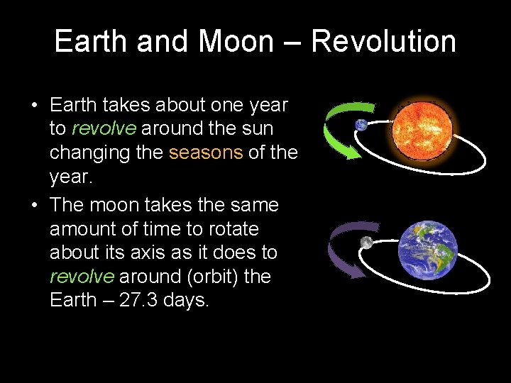 Earth and Moon – Revolution • Earth takes about one year to revolve around