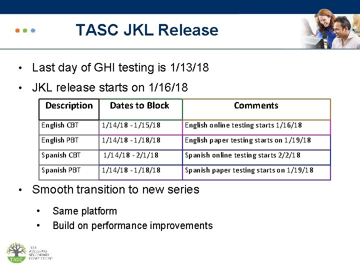 TASC JKL Release • Last day of GHI testing is 1/13/18 • JKL release