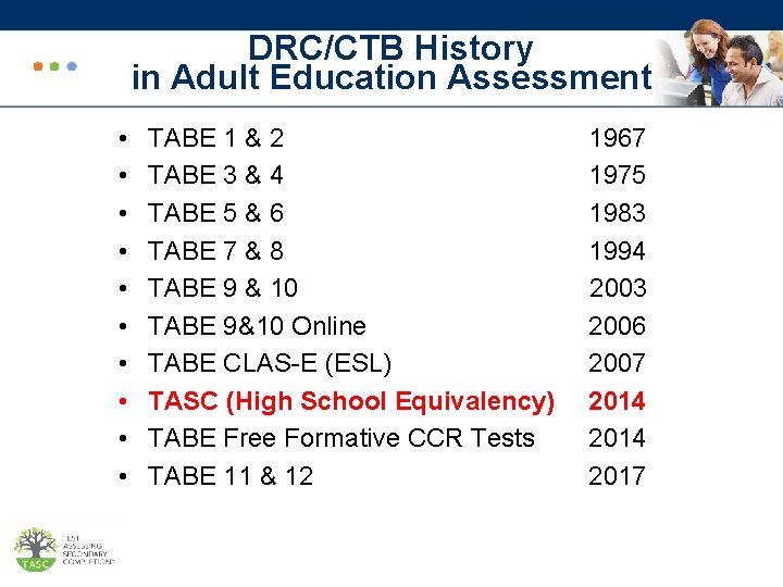 DRC/CTB History in Adult Education Assessment • • • TABE 1 & 2 1967