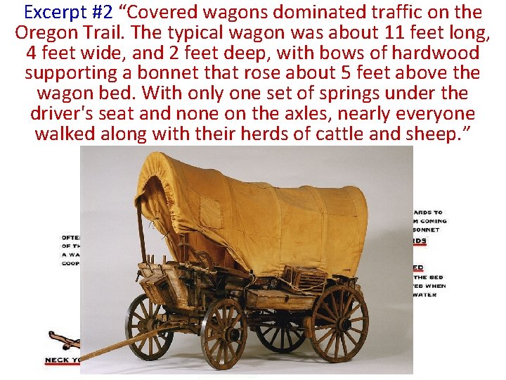 Excerpt #2 “Covered wagons dominated traffic on the Oregon Trail. The typical wagon was