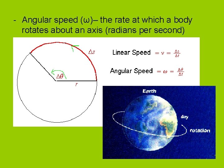 - Angular speed (ω)– the rate at which a body rotates about an axis - Angular speed (ω)– the rate at which a body rotates about an axis