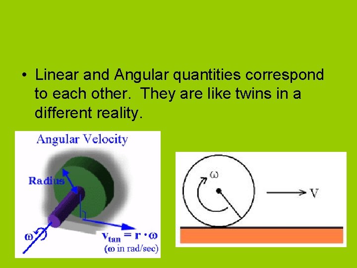 • Linear and Angular quantities correspond to each other. They are like twins • Linear and Angular quantities correspond to each other. They are like twins
