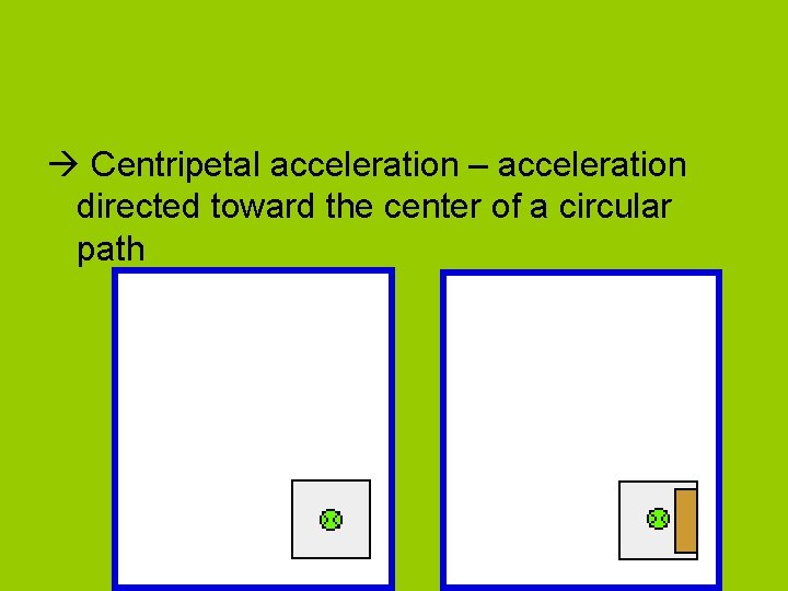 Centripetal acceleration – acceleration directed toward the center of a circular path Centripetal acceleration – acceleration directed toward the center of a circular path