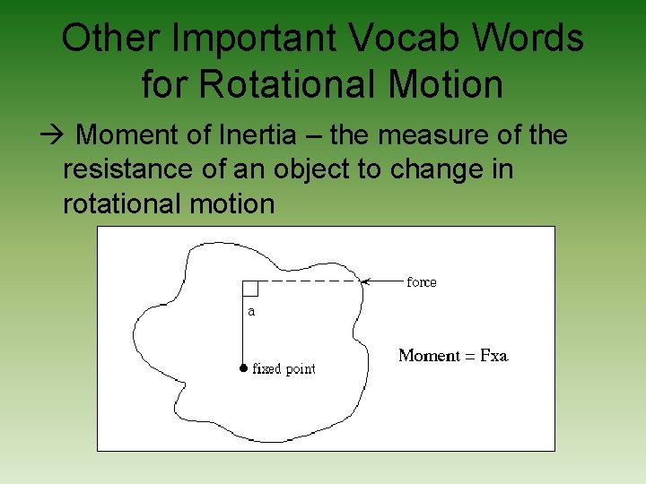 Other Important Vocab Words for Rotational Motion Moment of Inertia – the measure of Other Important Vocab Words for Rotational Motion Moment of Inertia – the measure of
