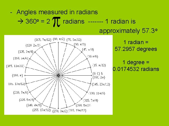 - Angles measured in radians 360 o = 2 radians ------- 1 radian is - Angles measured in radians 360 o = 2 radians ------- 1 radian is