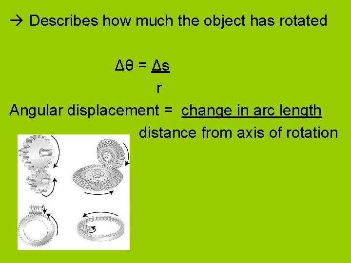 Describes how much the object has rotated Δθ = Δs r Angular displacement Describes how much the object has rotated Δθ = Δs r Angular displacement