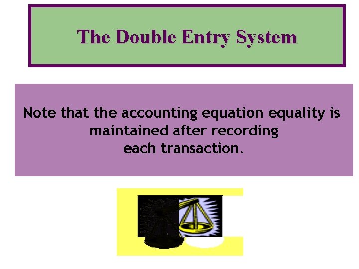 The Double Entry System Note that the accounting equation equality is maintained after recording