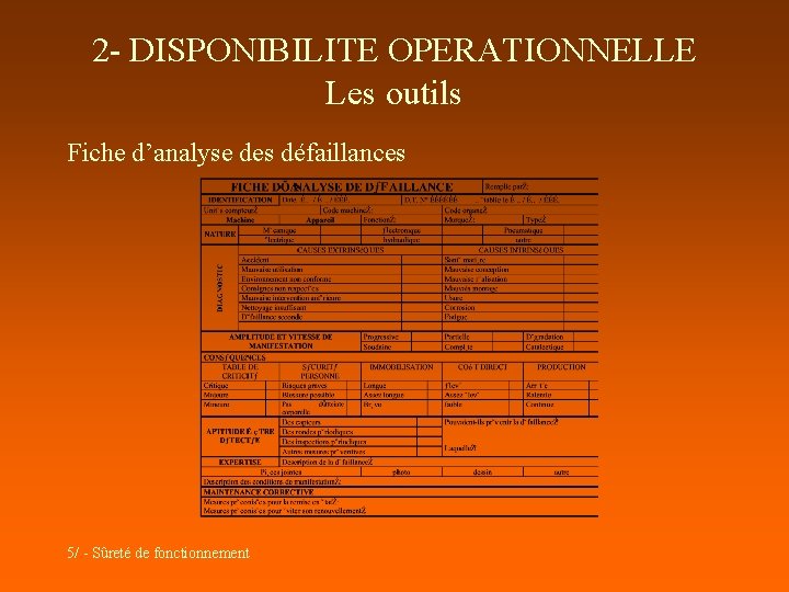 2 - DISPONIBILITE OPERATIONNELLE Les outils Fiche d’analyse des défaillances 5/ - Sûreté de