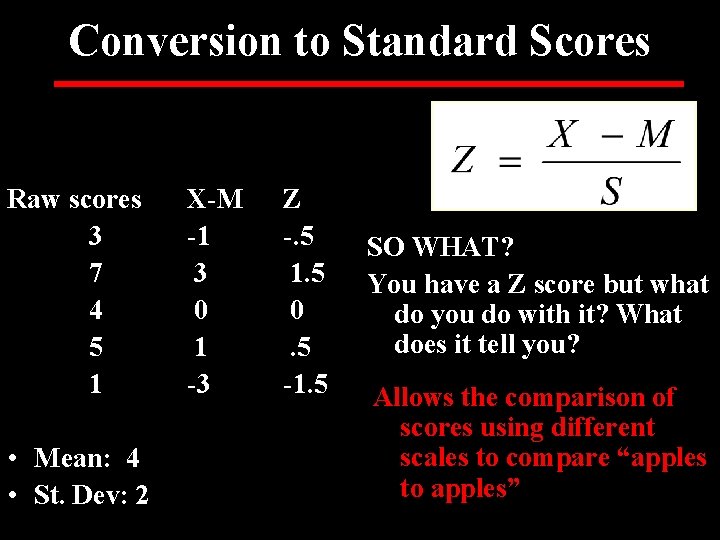 Conversion to Standard Scores Raw scores 3 7 4 5 1 • Mean: 4