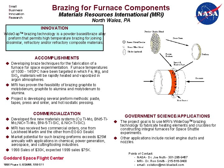 Brazing for Furnace Components Small Business Innovation Research Materials Resources International (MRi) North Wales,