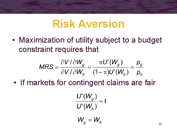 Risk Aversion • Maximization of utility subject to a budget constraint requires that •