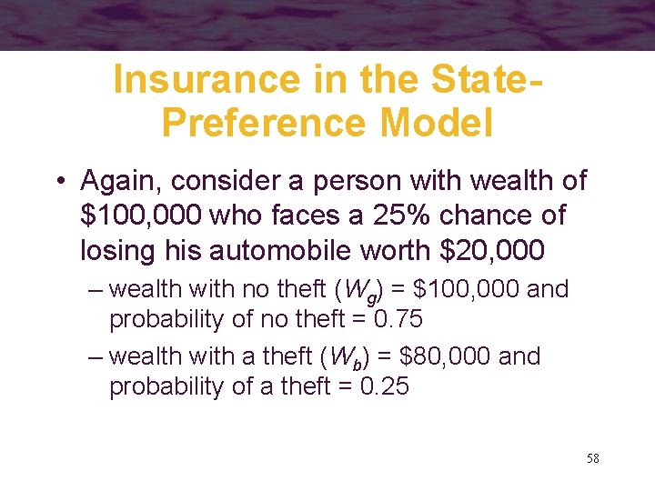 Insurance in the State. Preference Model • Again, consider a person with wealth of