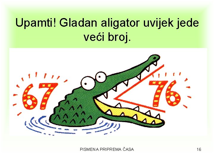 Upamti! Gladan aligator uvijek jede veći broj. PISMENA PRIPREMA ČASA 16 