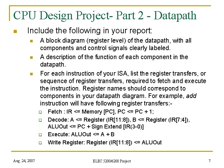 CPU Design Project- Part 2 - Datapath n Include the following in your report: