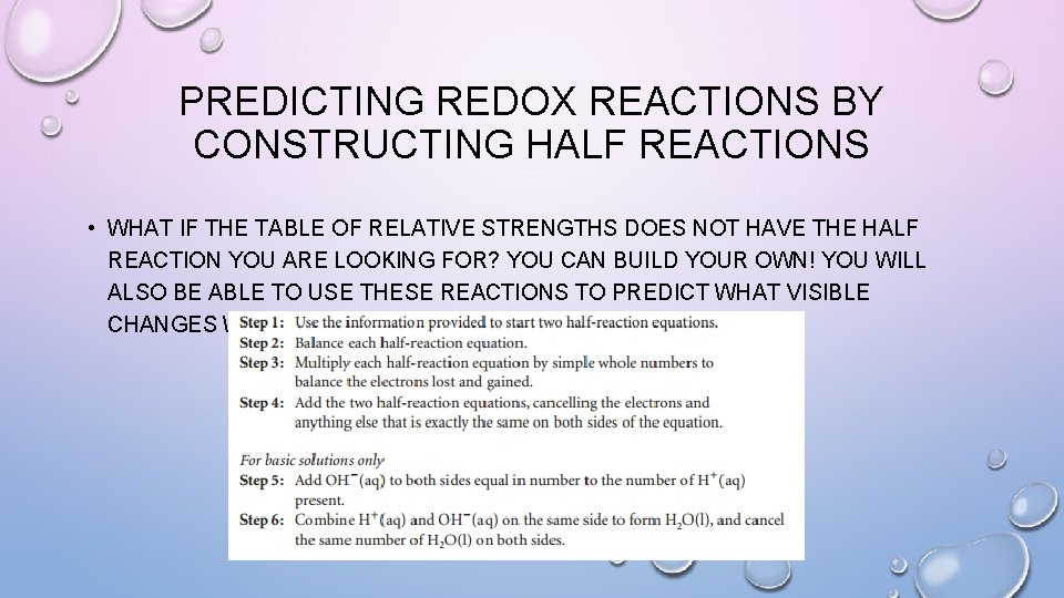 PREDICTING REDOX REACTIONS BY CONSTRUCTING HALF REACTIONS • WHAT IF THE TABLE OF RELATIVE