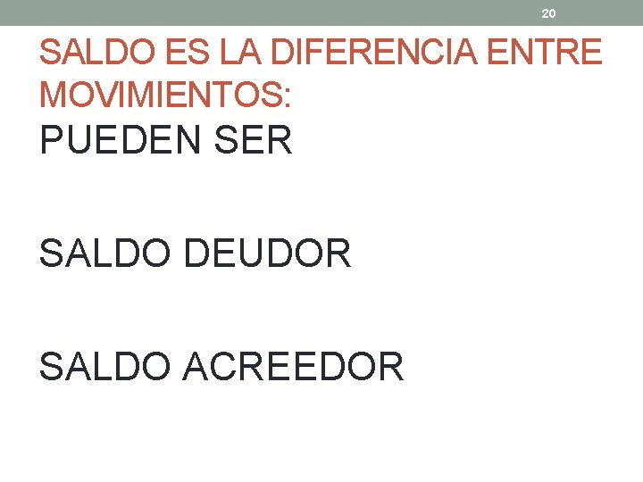 20 SALDO ES LA DIFERENCIA ENTRE MOVIMIENTOS: PUEDEN SER SALDO DEUDOR SALDO ACREEDOR 