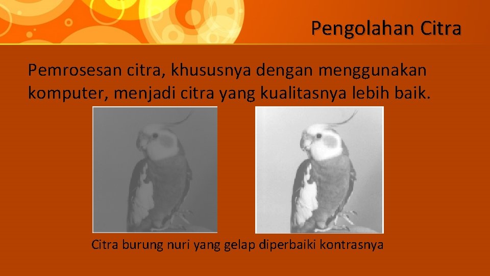 Pengolahan Citra Pemrosesan citra, khususnya dengan menggunakan komputer, menjadi citra yang kualitasnya lebih baik.