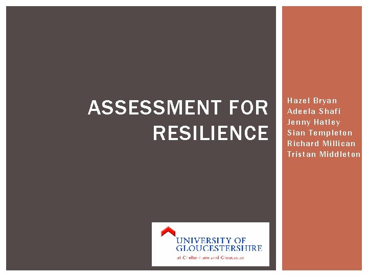 ASSESSMENT FOR RESILIENCE Hazel Bryan Adeela Shafi Jenny Hatley Sian Templeton Richard Millican Tristan