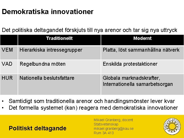 Demokratiska innovationer Det politiska deltagandet förskjuts till nya arenor och tar sig nya uttryck