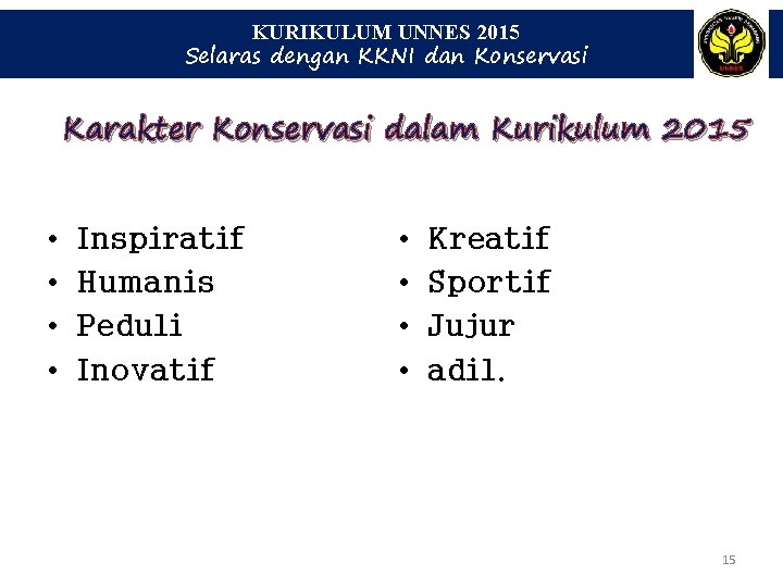 KURIKULUM UNNES 2015 Selaras dengan KKNI dan Konservasi Karakter Konservasi dalam Kurikulum 2015 •