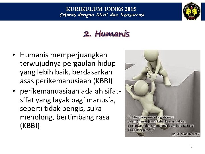 KURIKULUM UNNES 2015 Selaras dengan KKNI dan Konservasi 2. Humanis • Humanis memperjuangkan terwujudnya