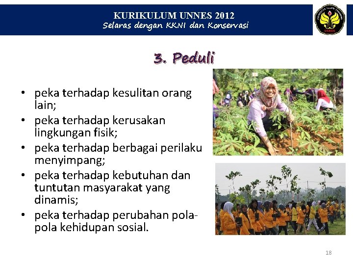 KURIKULUM UNNES 2012 Selaras dengan KKNI dan Konservasi 3. Peduli • peka terhadap kesulitan