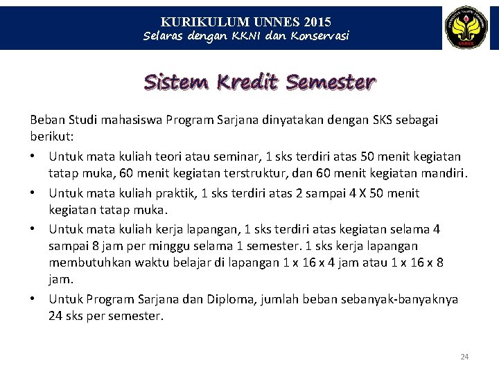 KURIKULUM UNNES 2015 Selaras dengan KKNI dan Konservasi Sistem Kredit Semester Beban Studi mahasiswa