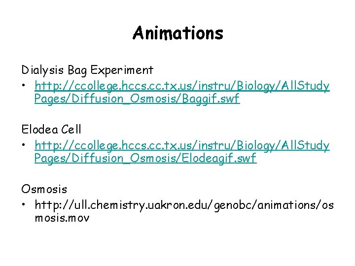 Animations Dialysis Bag Experiment • http: //ccollege. hccs. cc. tx. us/instru/Biology/All. Study Pages/Diffusion_Osmosis/Baggif. swf