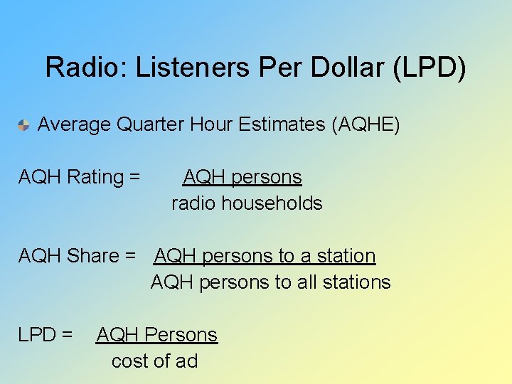 Radio: Listeners Per Dollar (LPD) Average Quarter Hour Estimates (AQHE) AQH Rating = AQH