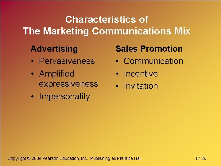 Characteristics of The Marketing Communications Mix Advertising • Pervasiveness • Amplified expressiveness • Impersonality