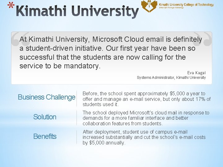 * At Kimathi University, Microsoft Cloud email is definitely a student-driven initiative. Our first