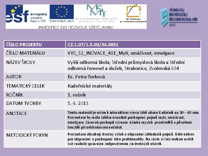 ČÍSLO PROJEKTU CZ. 1. 07/1. 5. 00/34. 0891 ČÍSLO MATERIÁLU VYS_32_INOVACE_491_Mytí, smáčivost, emulgace NÁZEV