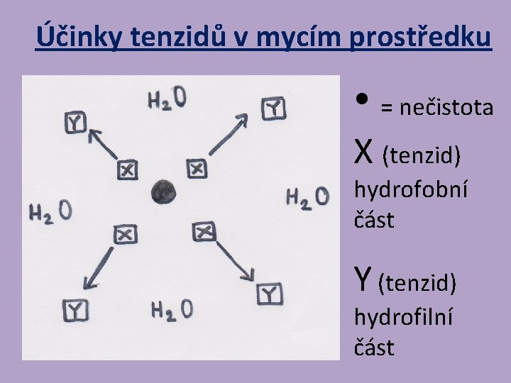 Účinky tenzidů v mycím prostředku • = nečistota X (tenzid) hydrofobní část Y (tenzid)