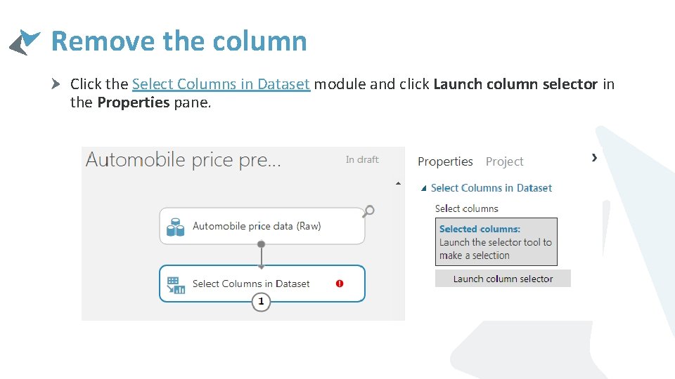 Remove the column Click the Select Columns in Dataset module and click Launch column