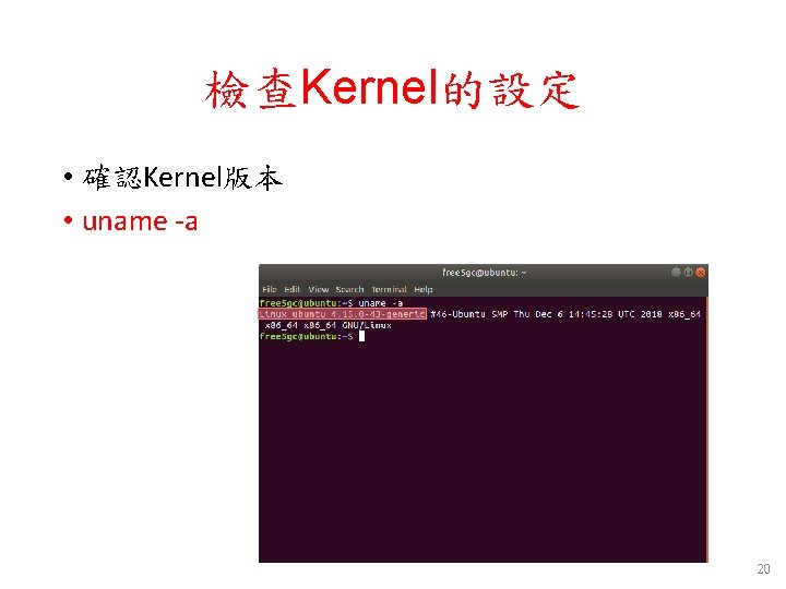 檢查Kernel的設定 • 確認Kernel版本 • uname -a 20 檢查Kernel的設定 • 確認Kernel版本 • uname -a 20