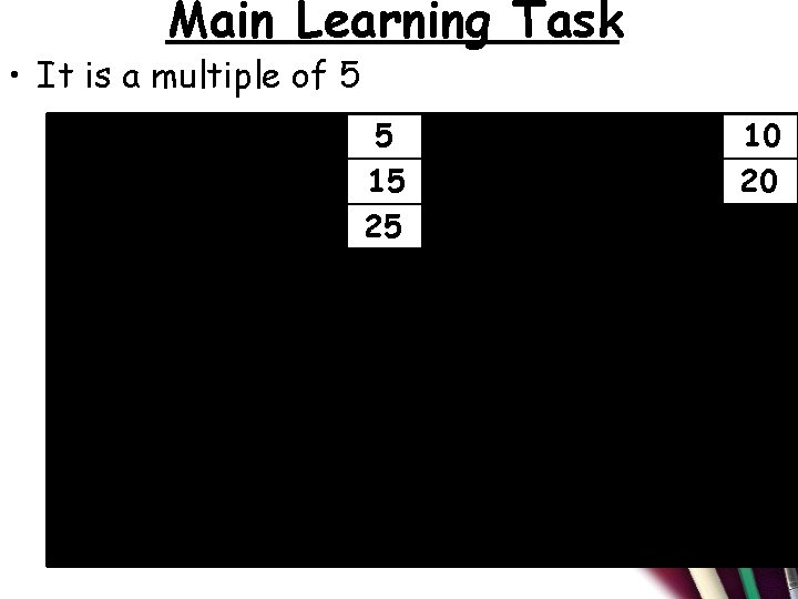 Main Learning Task • It is a multiple of 5 1 11 21 31