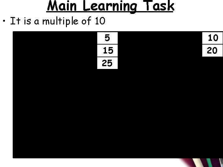 Main Learning Task • It is a multiple of 10 1 11 21 31