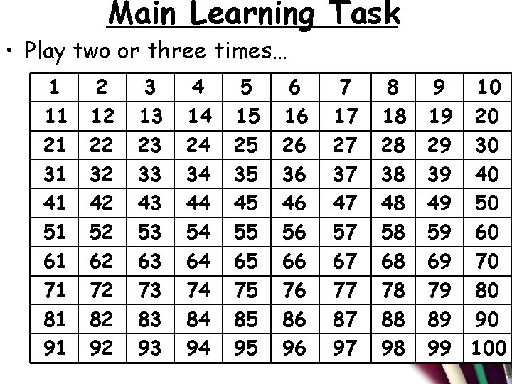 Main Learning Task • Play two or three times… 1 11 21 31 41