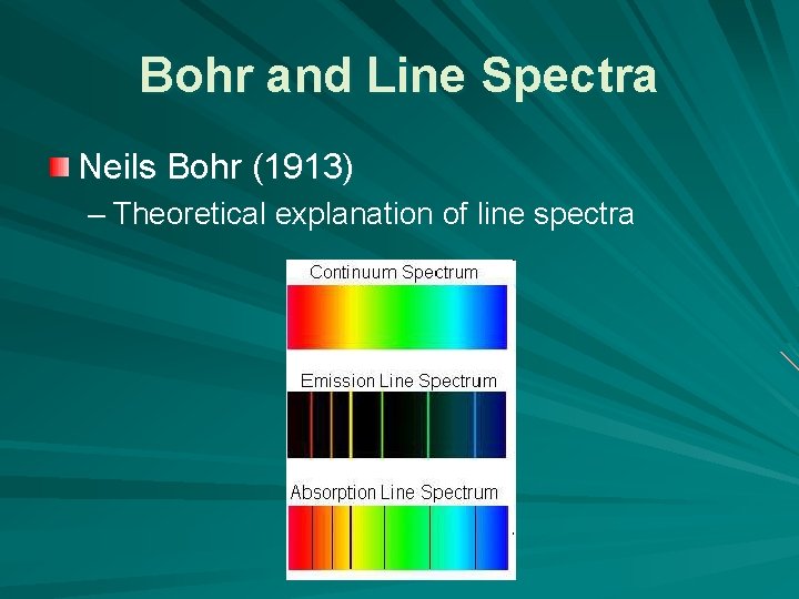 Bohr and Line Spectra Neils Bohr (1913) – Theoretical explanation of line spectra 