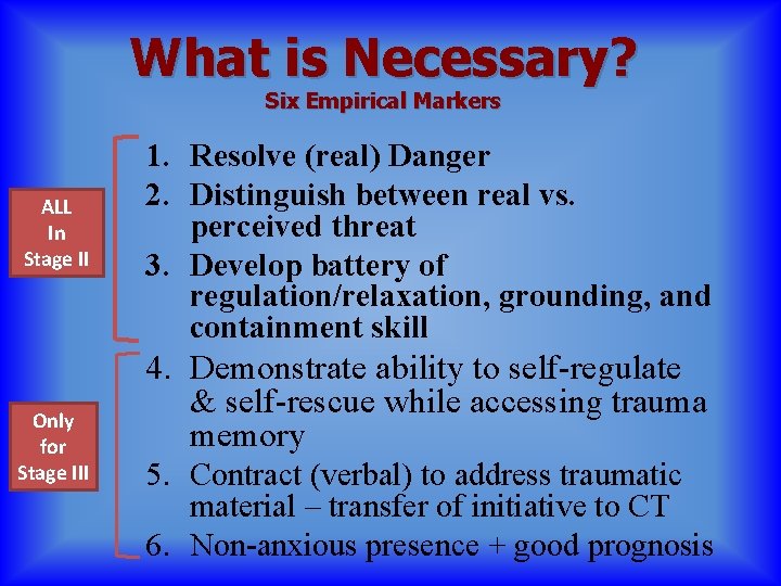 What is Necessary? Six Empirical Markers ALL In Stage II Only for Stage III