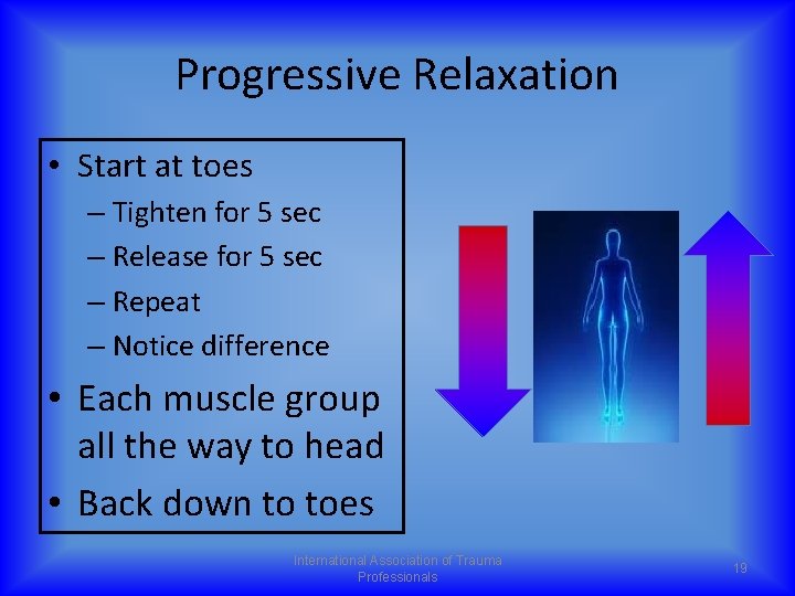 Progressive Relaxation • Start at toes – Tighten for 5 sec – Release for