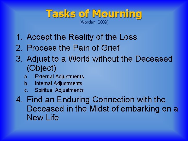 Tasks of Mourning (Worden, 2009) 1. Accept the Reality of the Loss 2. Process